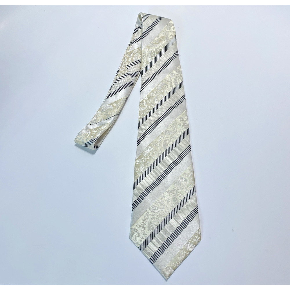 Balentiano Luxury Ivory Black Striped Paisley Woven Tie Men's Handmade
